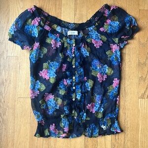 Abercrombie Kids Navy Blue Floral Print Ruffle Sheer Blouse Top XL Vintage!